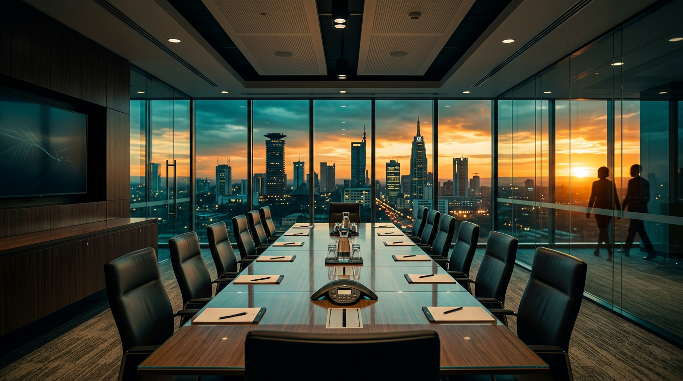 Modern corporate boardroom and city skyline